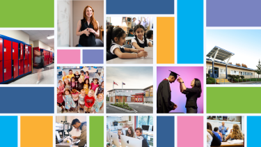 Strat Plan Banner - 24-28 Graphic Banner image with various school photos and coloured blocks